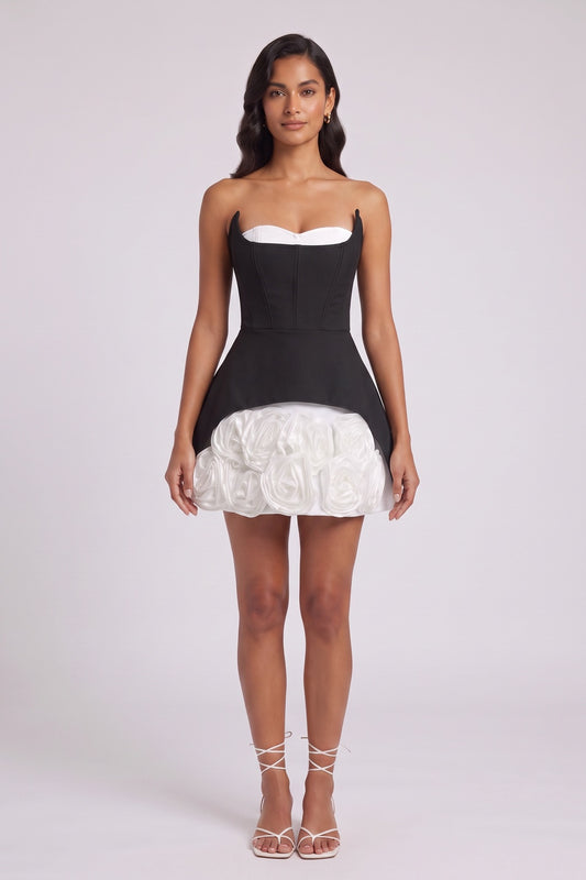 black structured heavy crepe or neoprene fit-and-flare corset dress with peplum overlay dress black structured heavy crepe or neoprene dress - product view 2