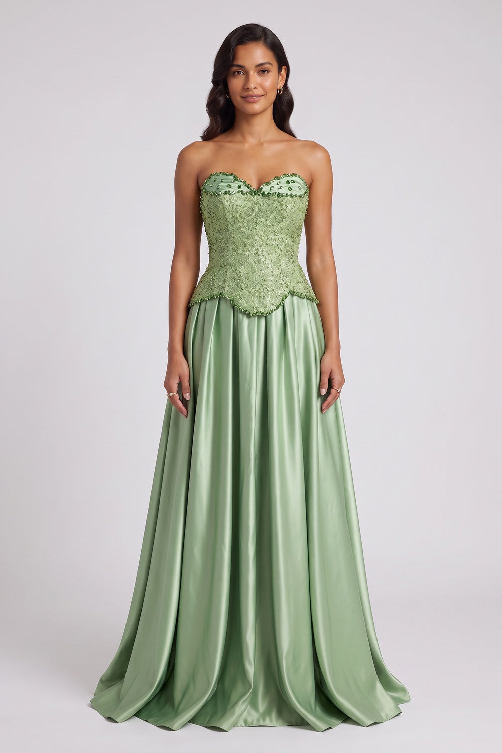 Sage Green Strapless Floor-Length Gown with Embellished Bodice Premium Fabric - product view 1