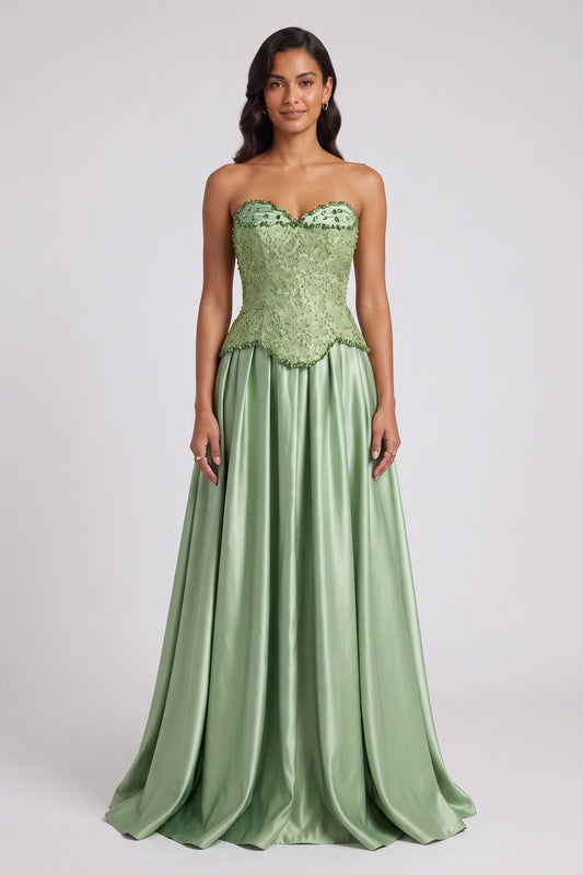 Sage Green Strapless Floor-Length Gown with Embellished Bodice Premium Fabric - product view 1