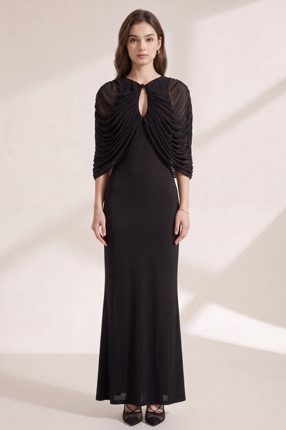Black Matte Jersey Column Evening Gown with Draped Capelet black matte jersey evening gown - product view 2