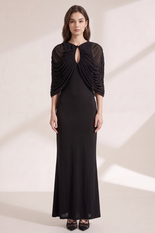 Black Matte Jersey Column Evening Gown with Draped Capelet black matte jersey evening gown - product view 2