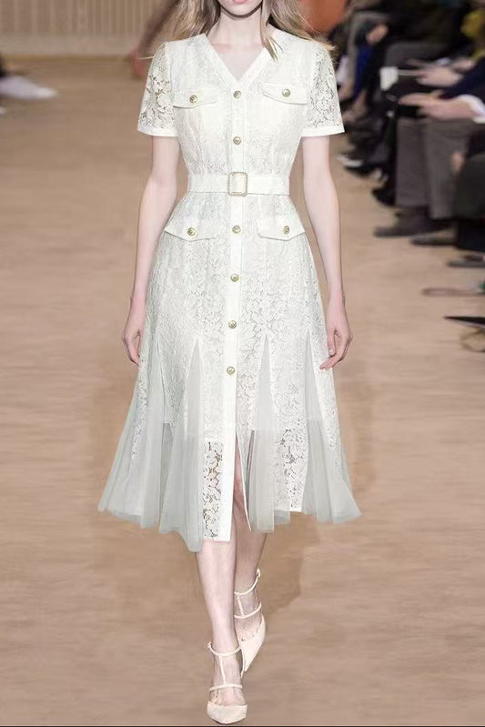 White Lace V-Neck Belted Midi Dress with Tulle Panels