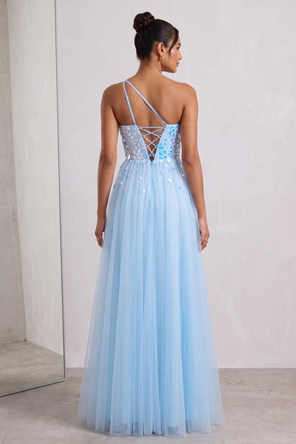 Light Blue Iridescent Tulle Evening Gown with Lace-Up Back Premium Fabric - product view 1