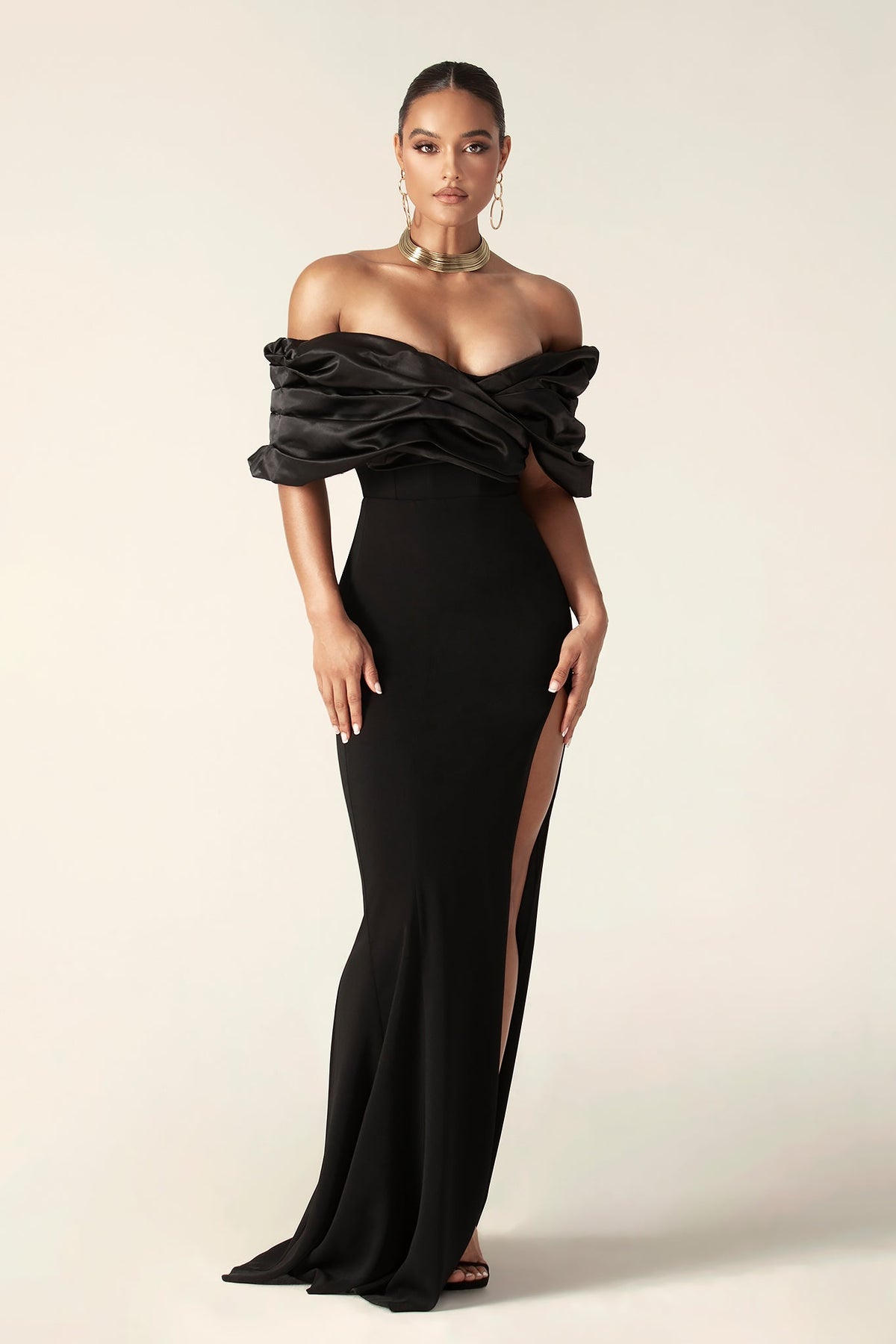 Presley Crepe Ruffle Shoulder Gown Dress (Black)