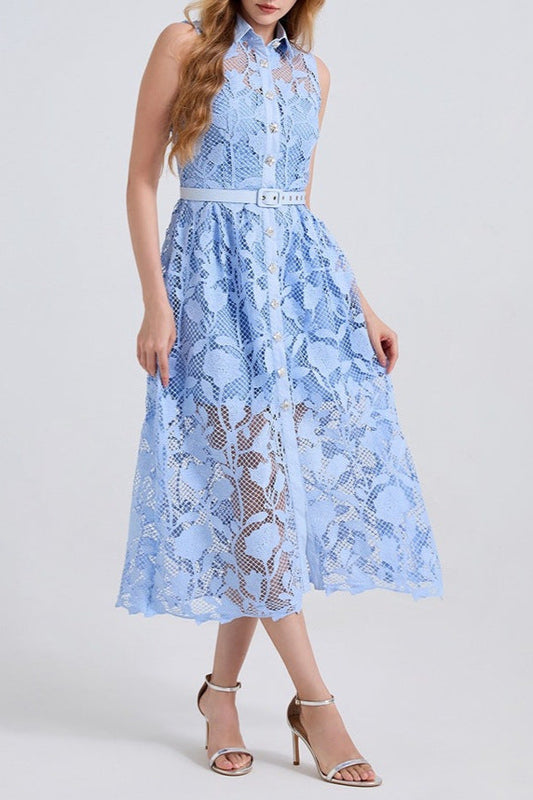 NECKLINE SLEEVELESS PINCHED WAIST MIDI DRESS IN BLUE