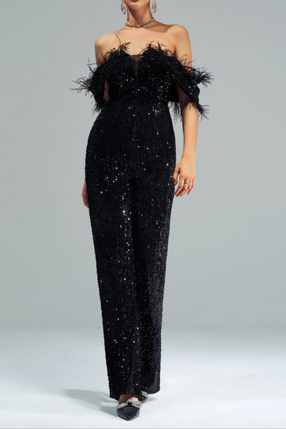off-shoulder sequin jumpsuit in black