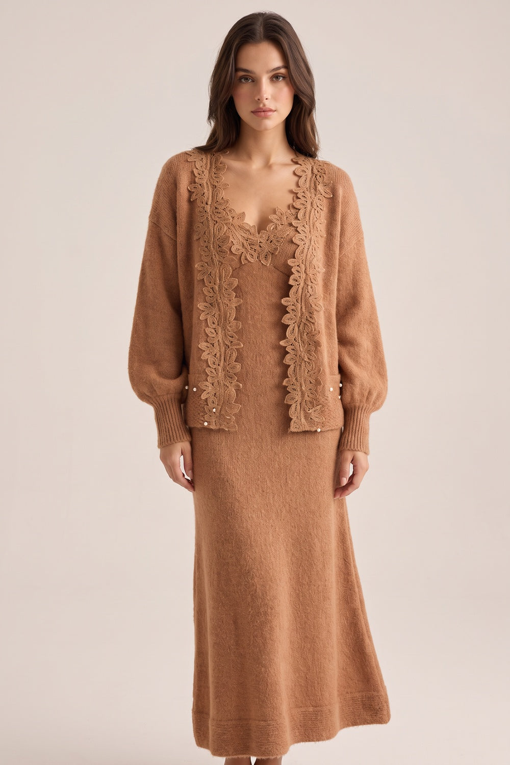 Camel Brown Fuzzy Mohair-Blend Knit Relaxed A-Line Maxi Dress with Open-Front Cardigan Two-Piece Set camel brown fuzzy mohair-blend knit two-piece knit set - product view 1