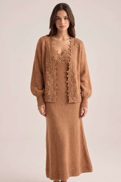 Camel Brown Fuzzy Mohair-Blend Knit Relaxed A-Line Maxi Dress with Open-Front Cardigan Two-Piece Set camel brown fuzzy mohair-blend knit two-piece knit set - product view 1