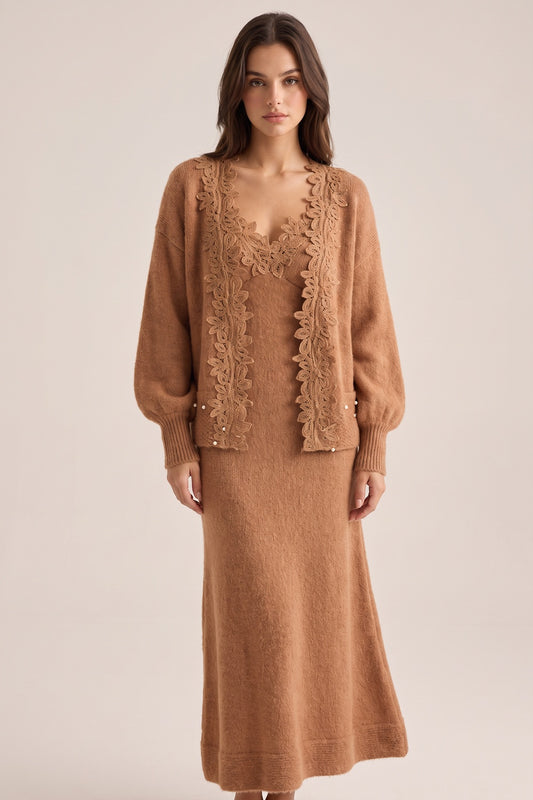 Camel Brown Fuzzy Mohair-Blend Knit Relaxed A-Line Maxi Dress with Open-Front Cardigan Two-Piece Set camel brown fuzzy mohair-blend knit two-piece knit set - product view 1