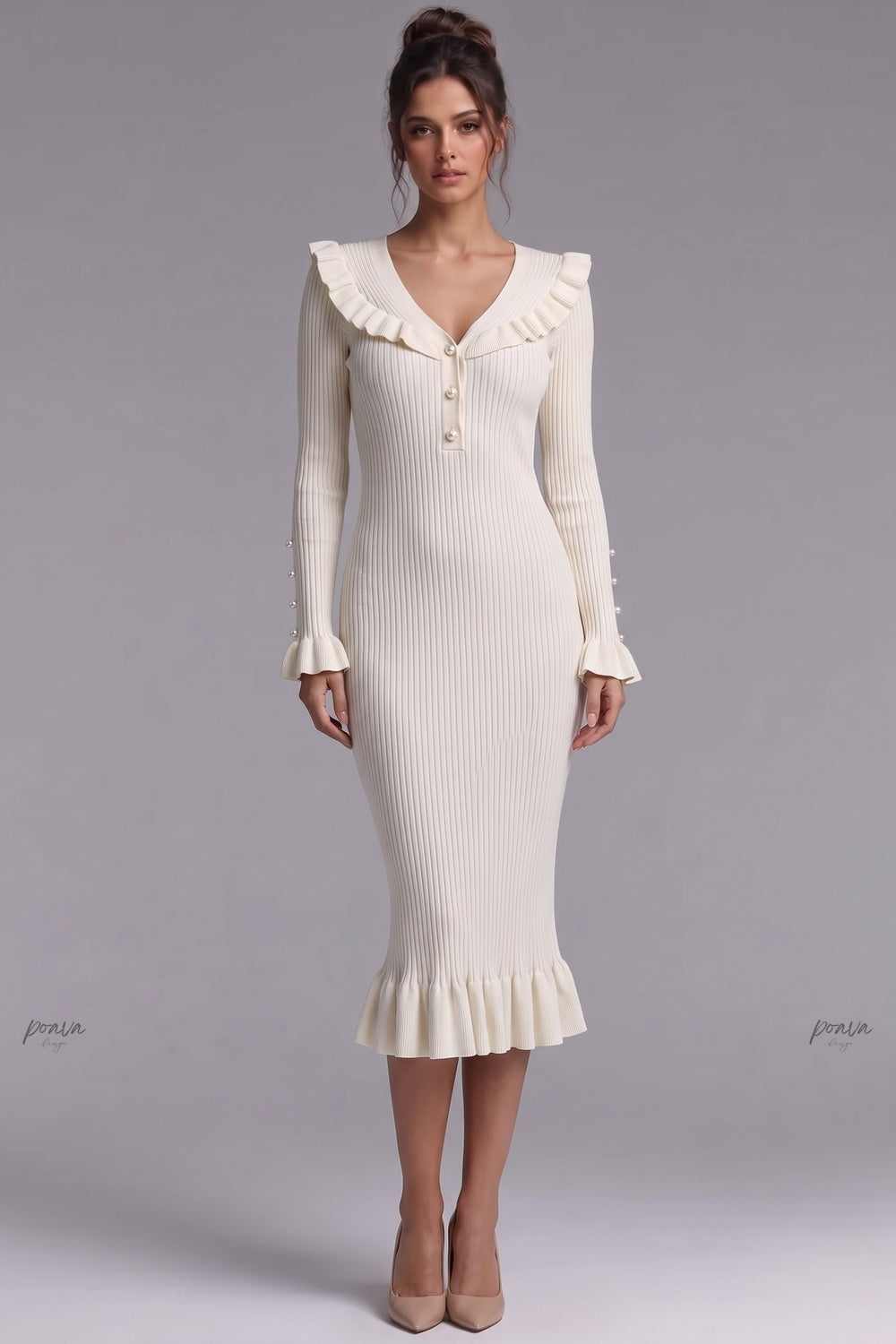 Cream Ribbed Knit Fitted Sheath Midi Dress with Ruffle Trim cream, off-white ribbed knit midi dress - product view 1