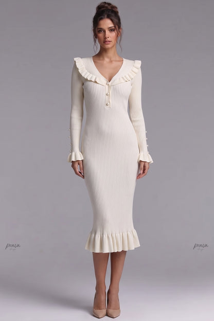Cream Ribbed Knit Fitted Sheath Midi Dress with Ruffle Trim cream, off-white ribbed knit midi dress - product view 1