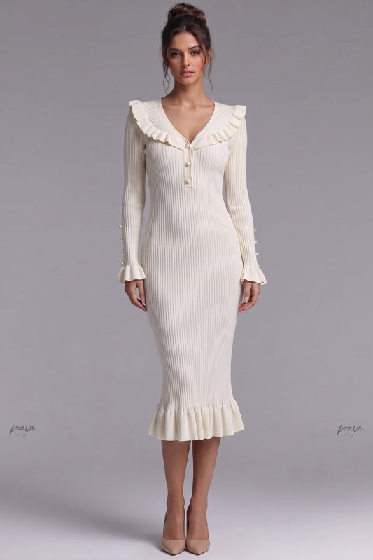Cream Ribbed Knit Fitted Sheath Midi Dress with Ruffle Trim cream, off-white ribbed knit midi dress - product view 1