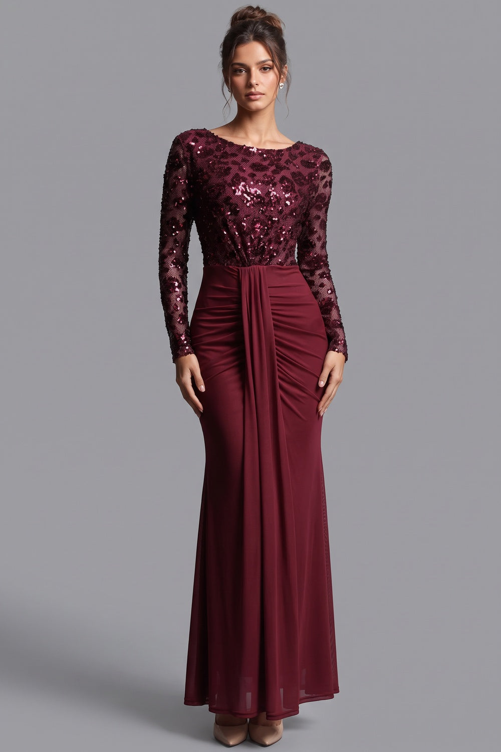 burgundy sequined mesh column evening gown burgundy sequined mesh evening gown - product view 1