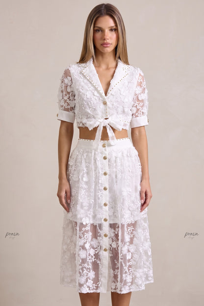White 3D Floral Embroidery Two-Piece Set with Gold Hardware white sheer white mesh with dense 3D floral embroidery two-piece set - product view 1