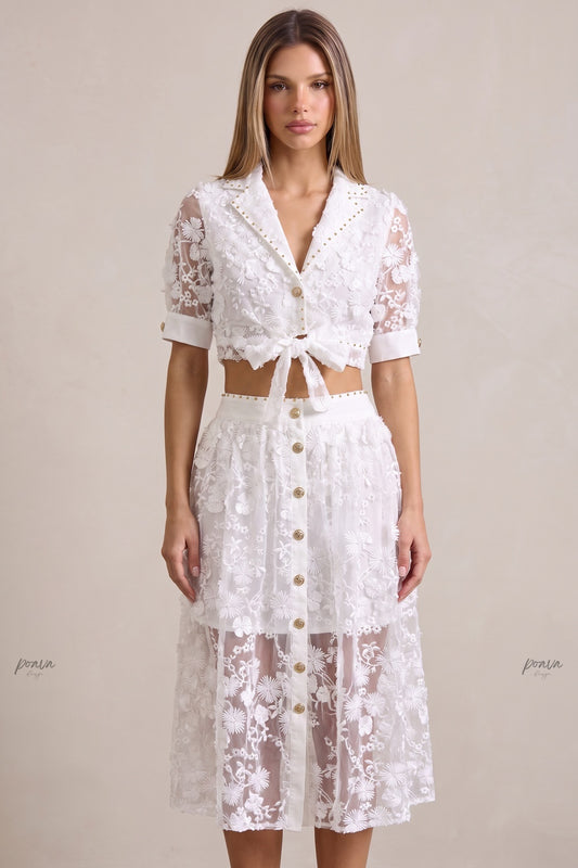 White 3D Floral Embroidery Two-Piece Set with Gold Hardware white sheer white mesh with dense 3D floral embroidery two-piece set - product view 1