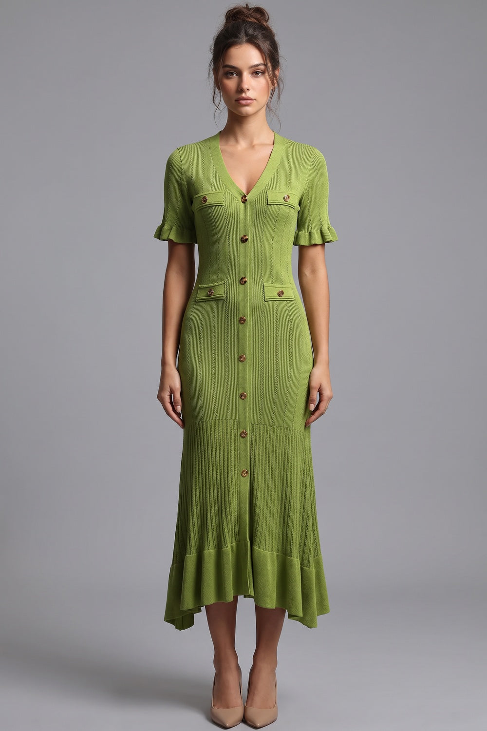 Olive Green Ribbed Knit A-Line Trumpet Midi Dress olive green ribbed knit dress - product view 1