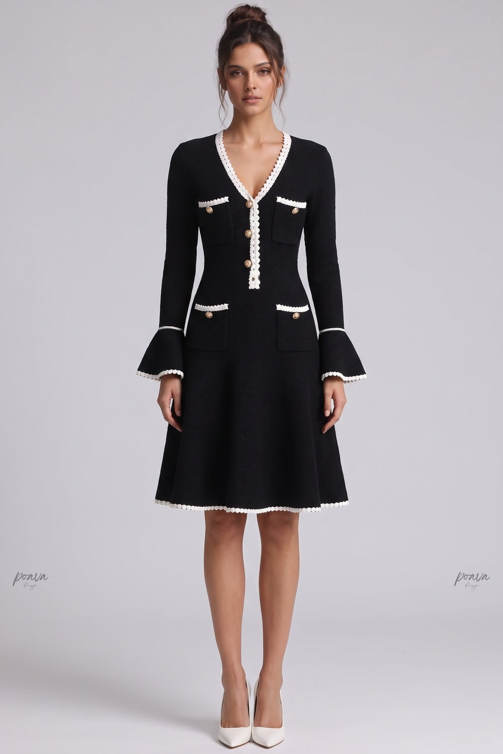 Black Heavy Compact Knit Fit-and-Flare Dress with White Scalloped Trim black heavy compact knit dress - product view 1