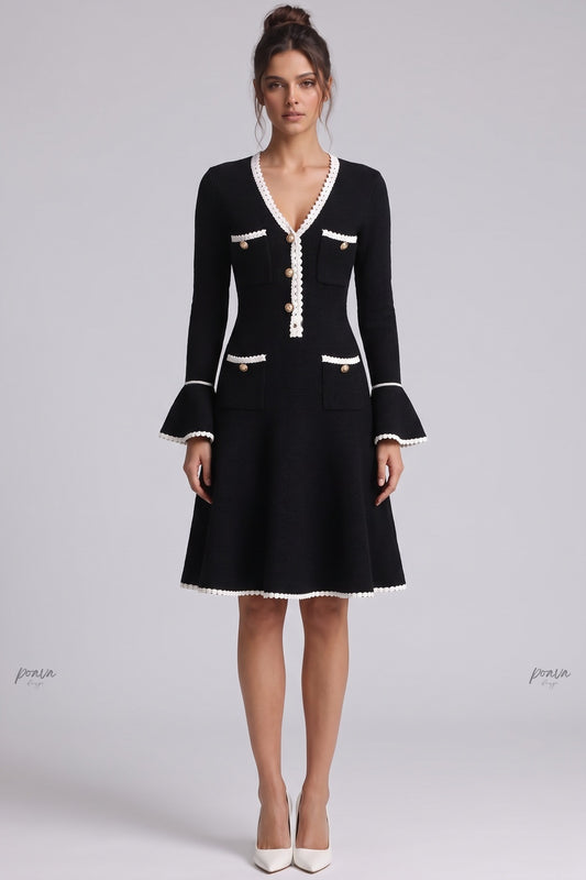 Black Heavy Compact Knit Fit-and-Flare Dress with White Scalloped Trim black heavy compact knit dress - product view 1