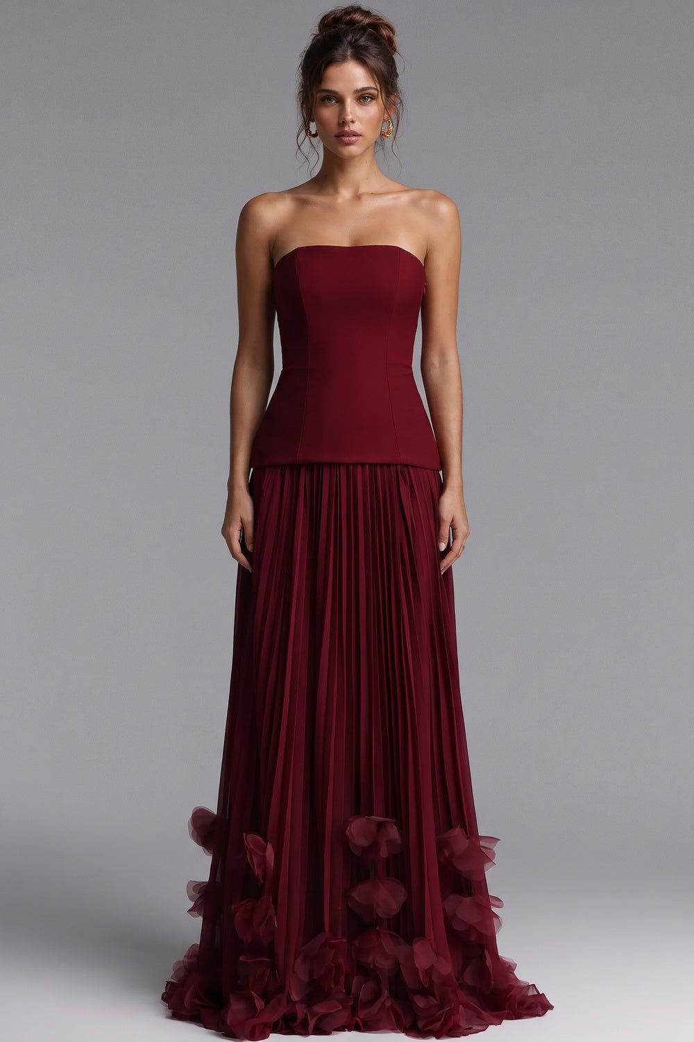 Burgundy Matte Crepe Bodice Drop-Waist Column Gown burgundy matte crepe bodice, chiffon skirt gown - product view 1