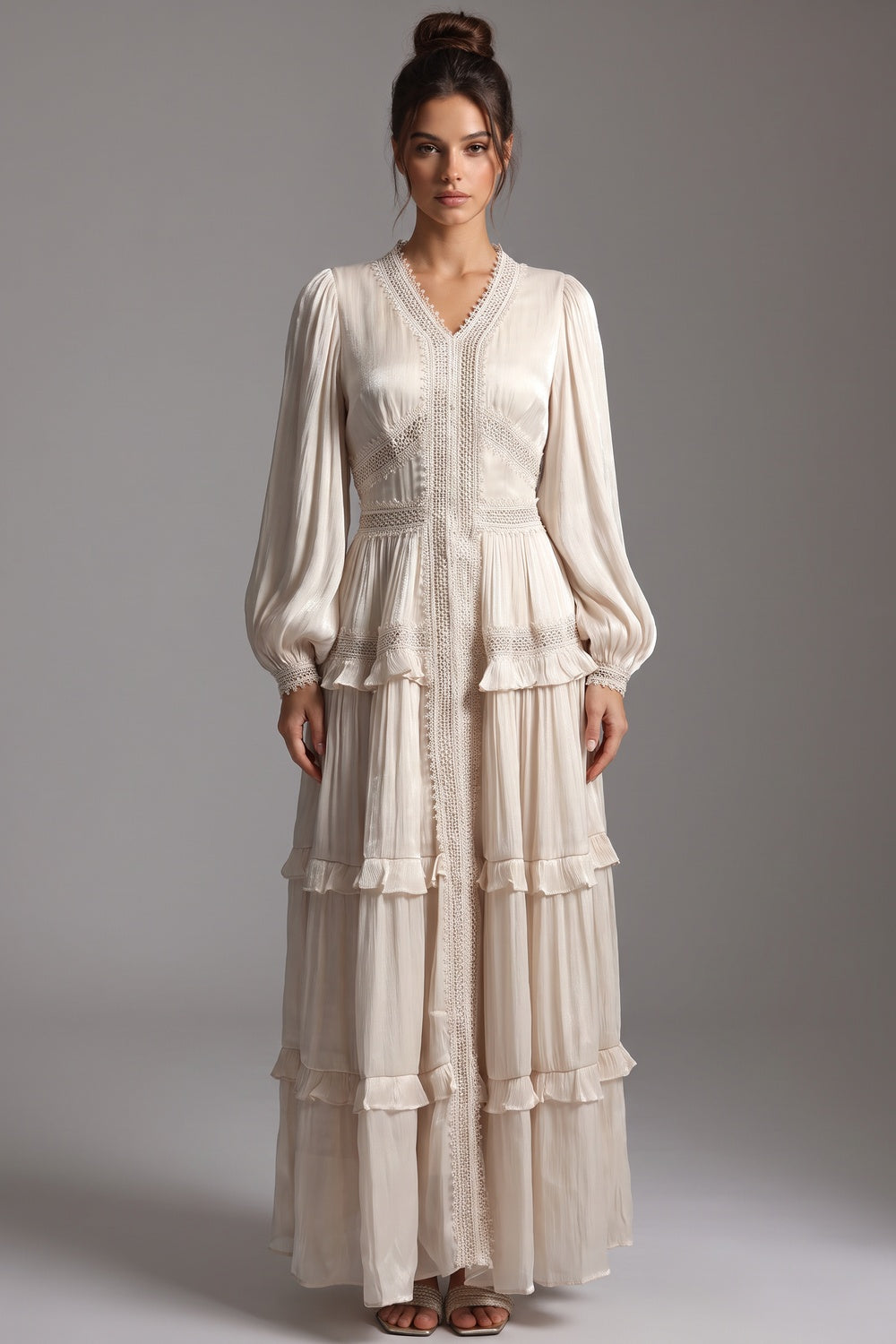 Cream Crinkled Satin Tiered A-Line Maxi Dress cream, ivory crinkled satin maxi dress - product view 1