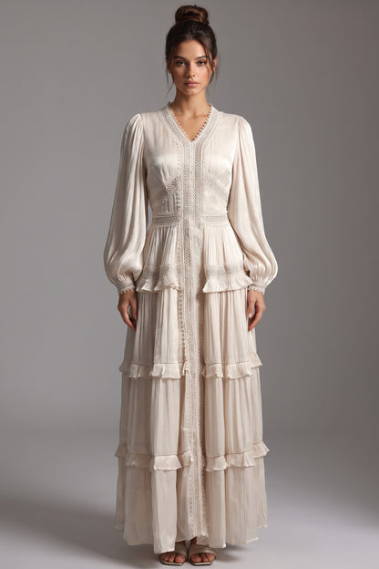 Cream Crinkled Satin Tiered A-Line Maxi Dress cream, ivory crinkled satin maxi dress - product view 1