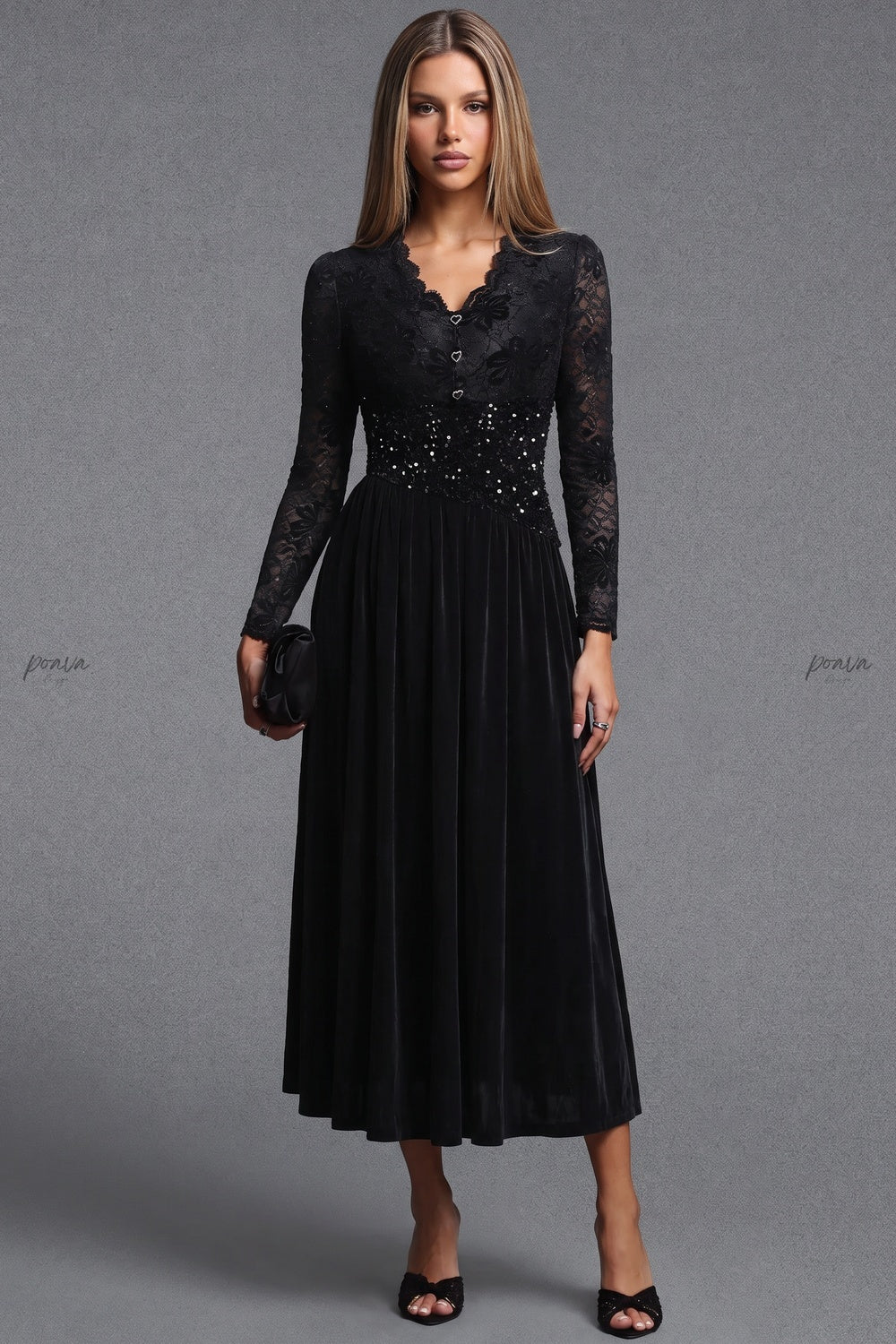 Black Velvet A-Line Midi Dress with Floral Lace and Sequin Waist black fluid velvet or heavy knit (skirt), floral lace (bodice and sleeves) dress - product view 1