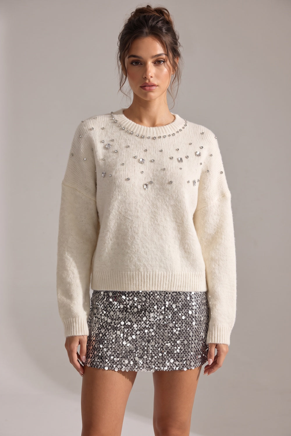 Off-White Fuzzy Knit Relaxed Drop-Shoulder Sweater off-white fuzzy knit sweater - product view 1
