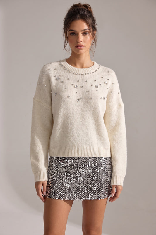 Off-White Fuzzy Knit Relaxed Drop-Shoulder Sweater off-white fuzzy knit sweater - product view 1
