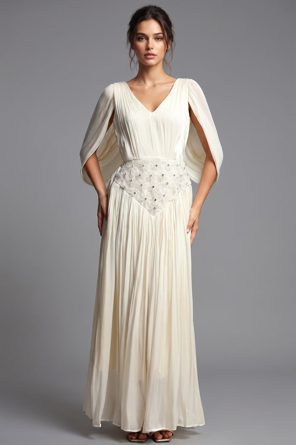 Cream Chiffon A-Line Gown with Cape Sleeves cream chiffon gown - product view 1