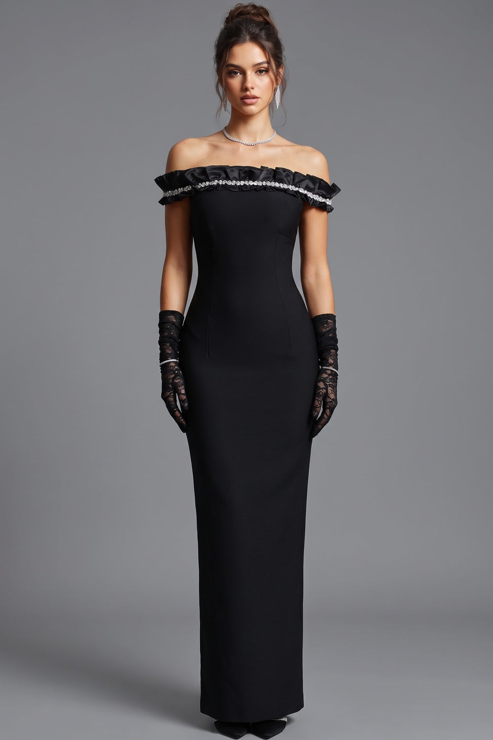 Black Structured Crepe Column Evening Gown with Crystal Ruffle Trim black structured crepe evening gown - product view 1
