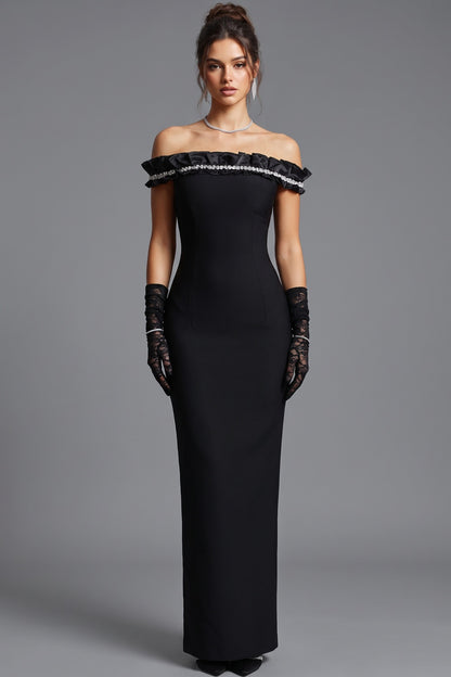 Black Structured Crepe Column Evening Gown with Crystal Ruffle Trim black structured crepe evening gown - product view 1