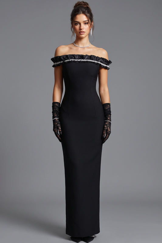 Black Structured Crepe Column Evening Gown with Crystal Ruffle Trim black structured crepe evening gown - product view 1