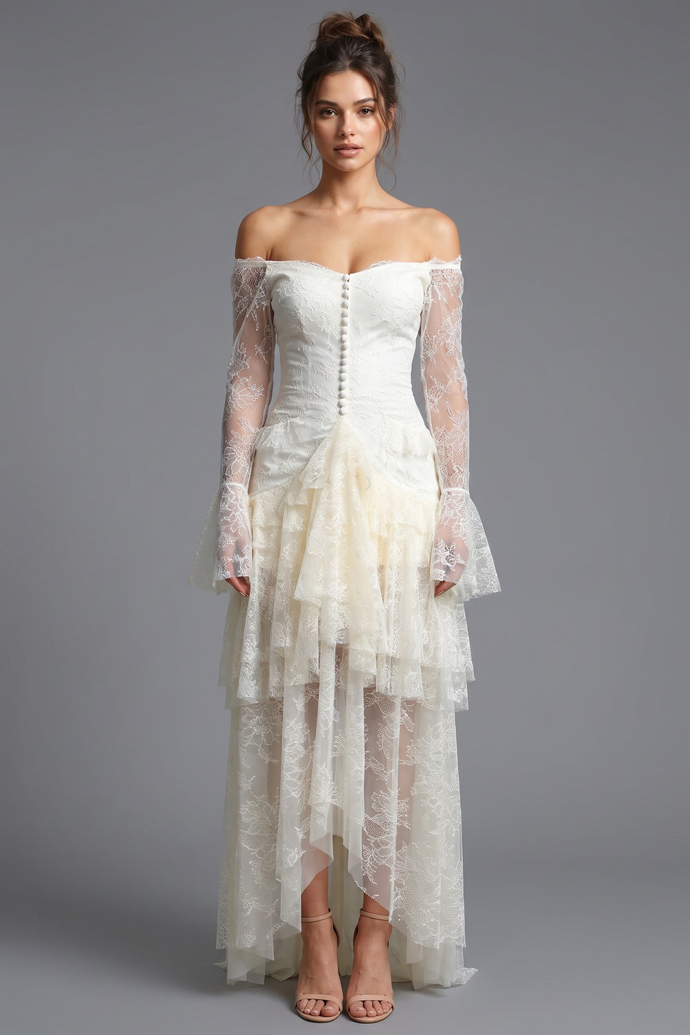 Ivory Floral Lace Off-Shoulder A-Line Maxi Dress with Tiered Ruffles ivory, cream floral lace dress - product view 1