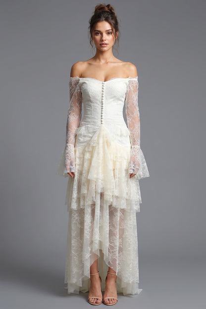 Ivory Floral Lace Off-Shoulder A-Line Maxi Dress with Tiered Ruffles ivory, cream floral lace dress - product view 1