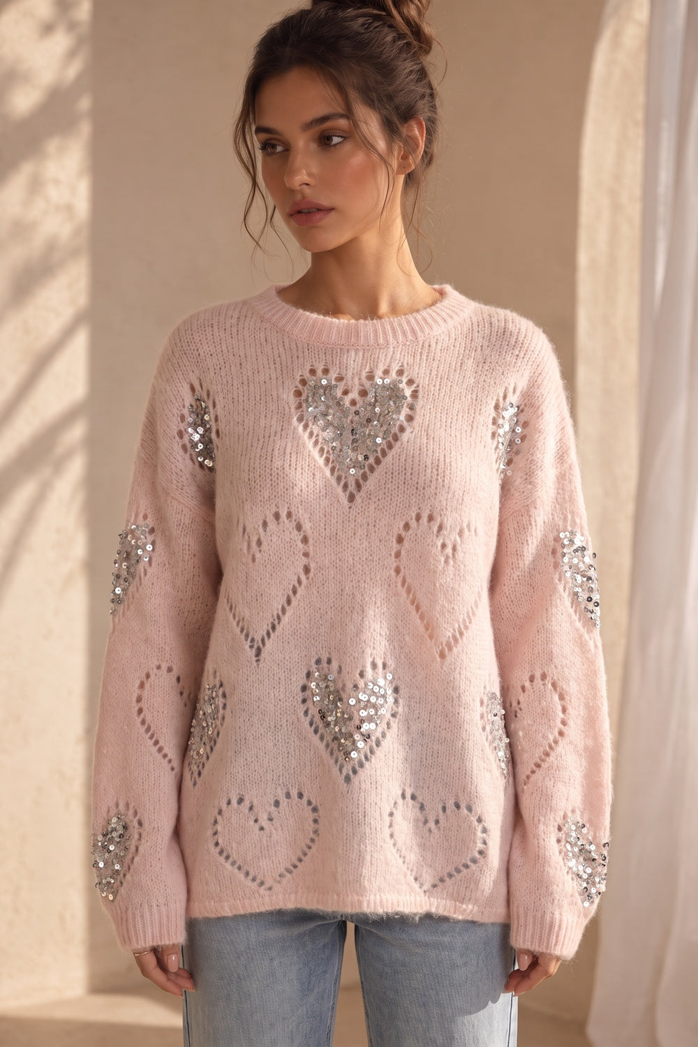 Pale Pink Fuzzy Mohair-Style Knit Oversized Sweater with Heart Motifs pale pink fuzzy mohair-style knit sweater - product view 1