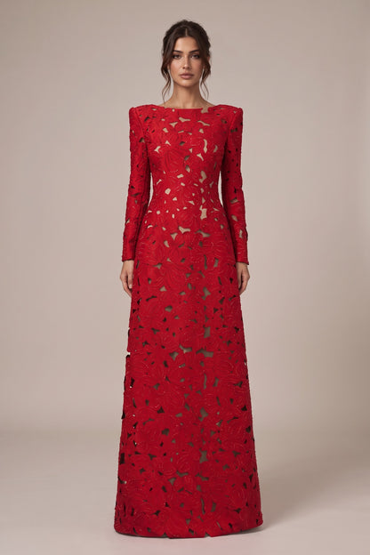 Red Laser-Cut Structured Fabric A-Line Gown red laser-cut structured fabric gown - product view 1