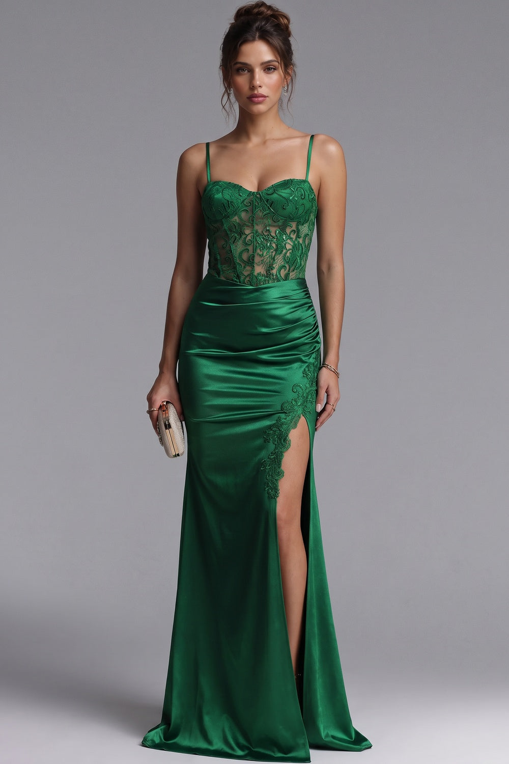 Emerald Green Satin Sheath Evening Gown with High Slit emerald green satin evening gown - product view 1
