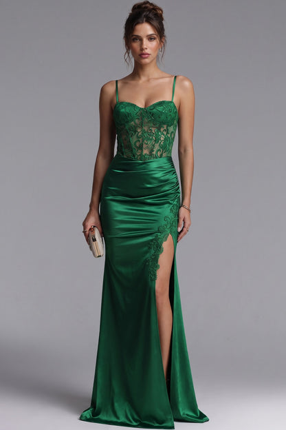 Emerald Green Satin Sheath Evening Gown with High Slit emerald green satin evening gown - product view 1