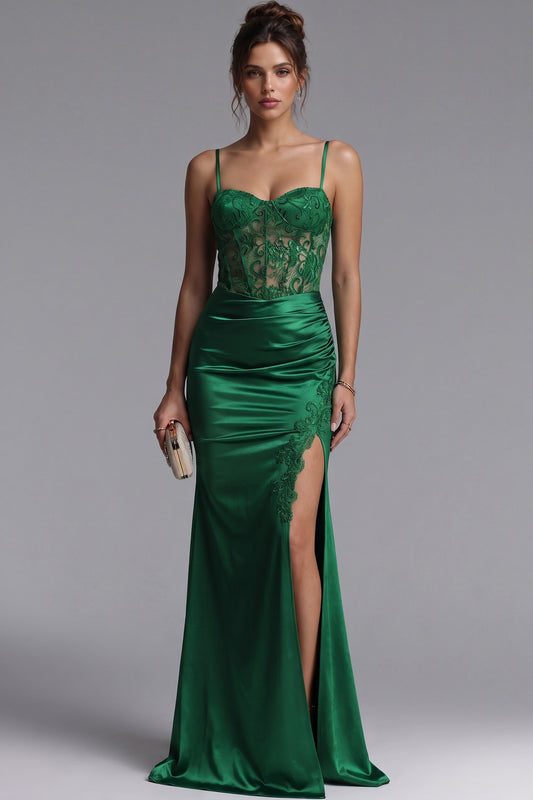 Emerald Green Satin Sheath Evening Gown with High Slit emerald green satin evening gown - product view 1