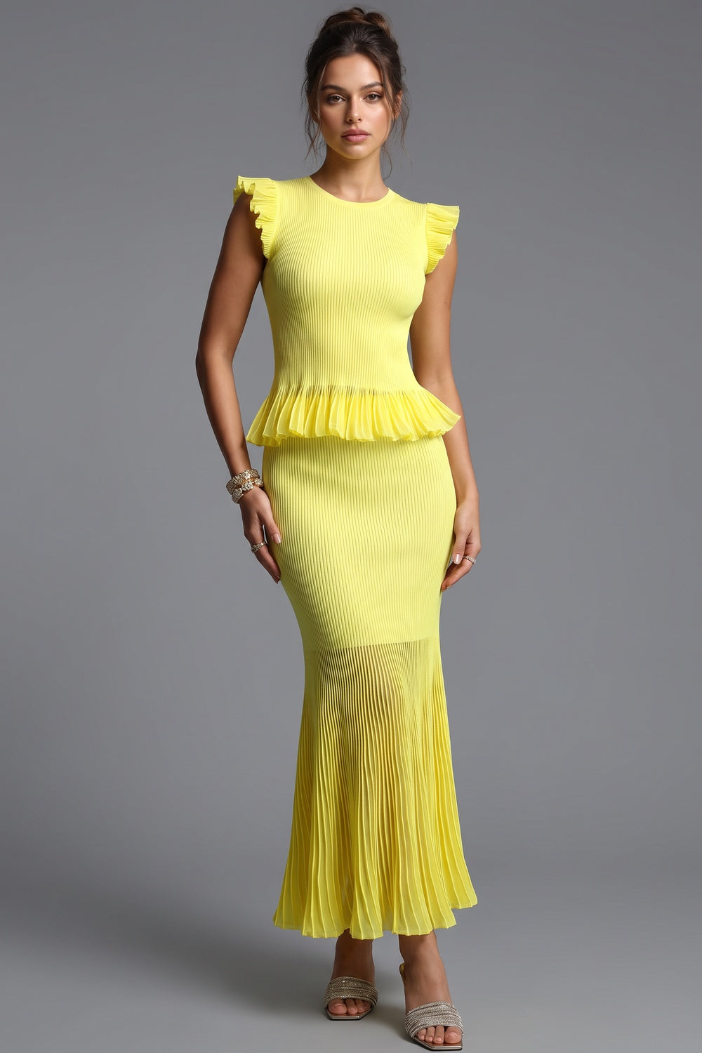Lemon Yellow Ribbed Knit Mermaid Peplum Two-Piece Set lemon yellow ribbed knit two-piece set - product view 1
