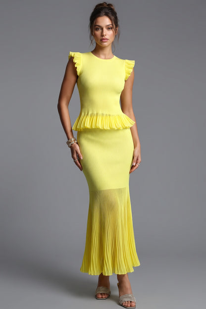 Lemon Yellow Ribbed Knit Mermaid Peplum Two-Piece Set lemon yellow ribbed knit two-piece set - product view 1