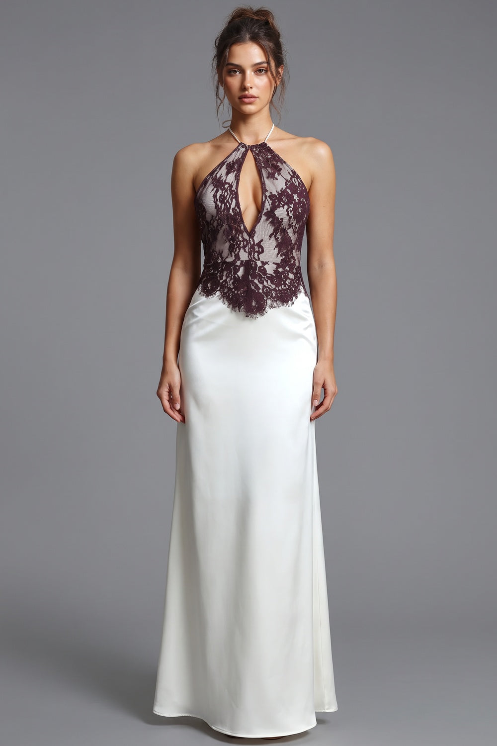 Dark Plum Lace Bodice Satin Column Dress in Ivory ivory satin dress - product view 1