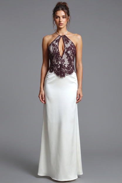 Dark Plum Lace Bodice Satin Column Dress in Ivory ivory satin dress - product view 1