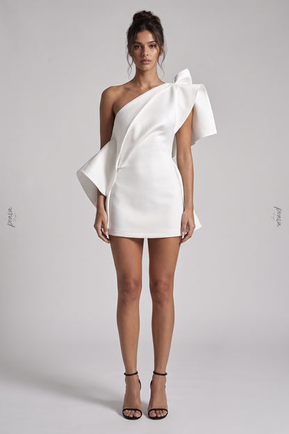 White Structured One-Shoulder Mini Dress with Asymmetrical Draping white structured heavy satin or gazar dress - product view 1