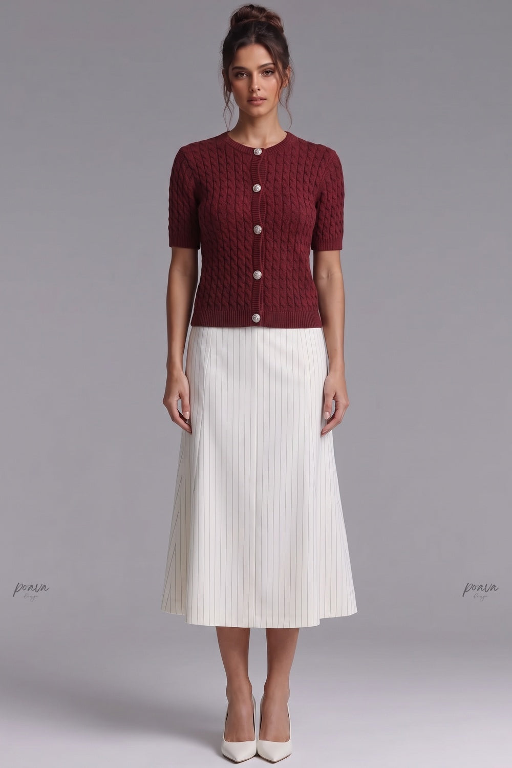 Burgundy Cable-Knit Wool Blend Fitted Short-Sleeve Cardigan burgundy cable-knit wool blend cardigan - product view 1