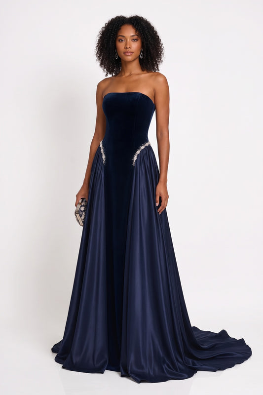 Navy Blue Strapless Velvet and Satin Evening Gown Premium Fabric - product view 1