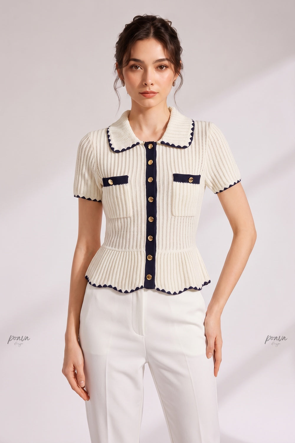 Cream Ribbed Knit Peplum Short-Sleeve Cardigan cream ribbed knit short-sleeve knit cardigan - product view 1
