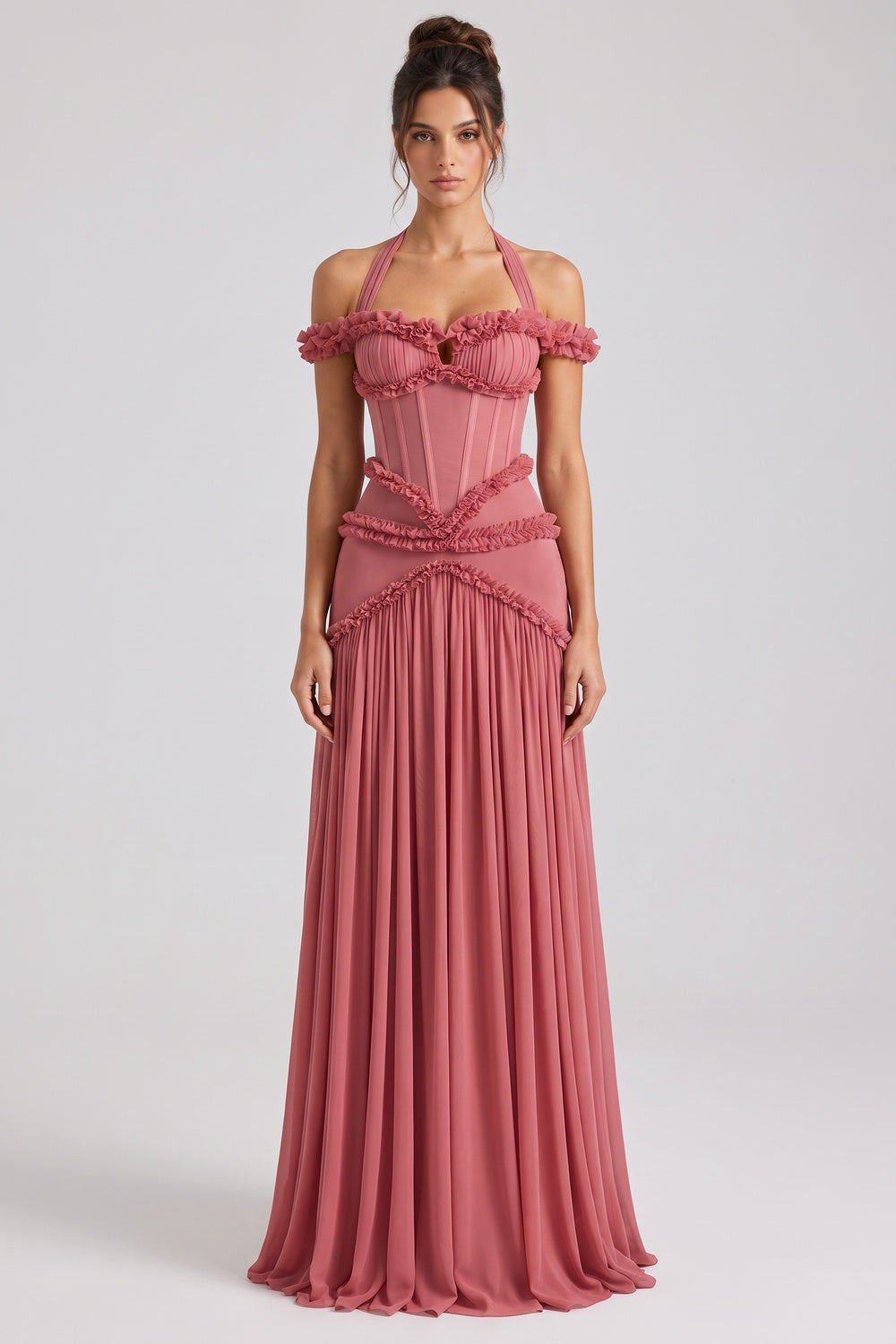 Dusty Rose Fitted Corset Gown with Tiered Ruffles and Halter Neck dusty rose lightweight crepe or georgette gown - product view 1