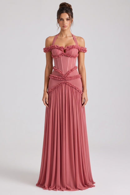 Dusty Rose Fitted Corset Gown with Tiered Ruffles and Halter Neck dusty rose lightweight crepe or georgette gown - product view 1