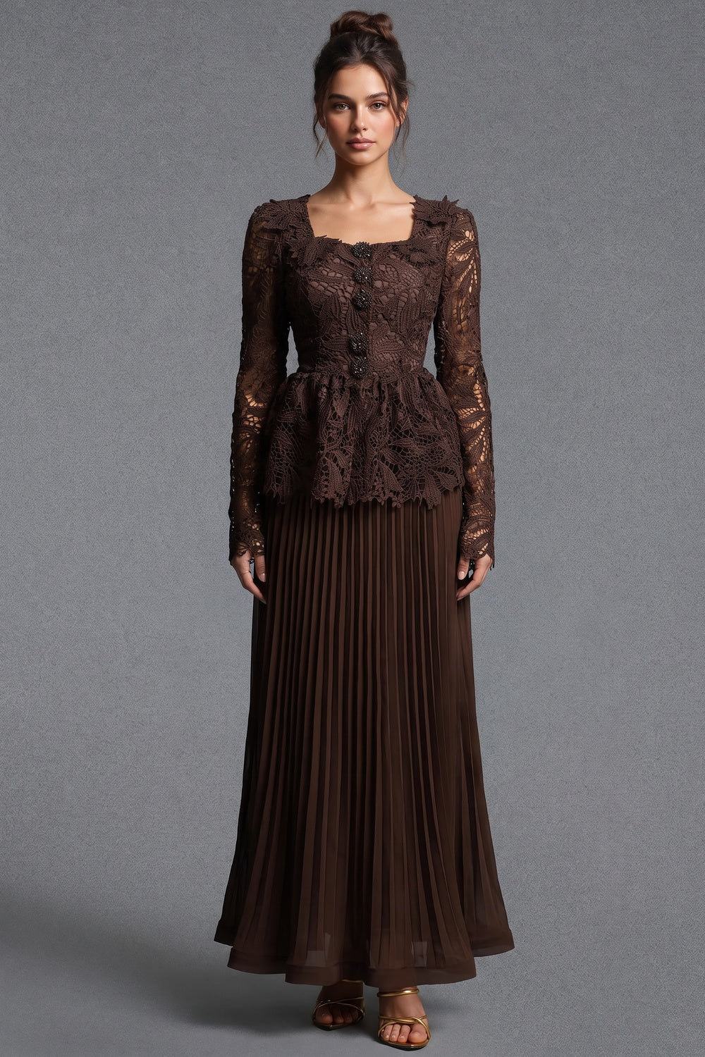 Dark Brown Guipure Lace Peplum Top & Pleated Maxi Skirt Two-Piece Set dark brown guipure lace two-piece skirt set - product view 1